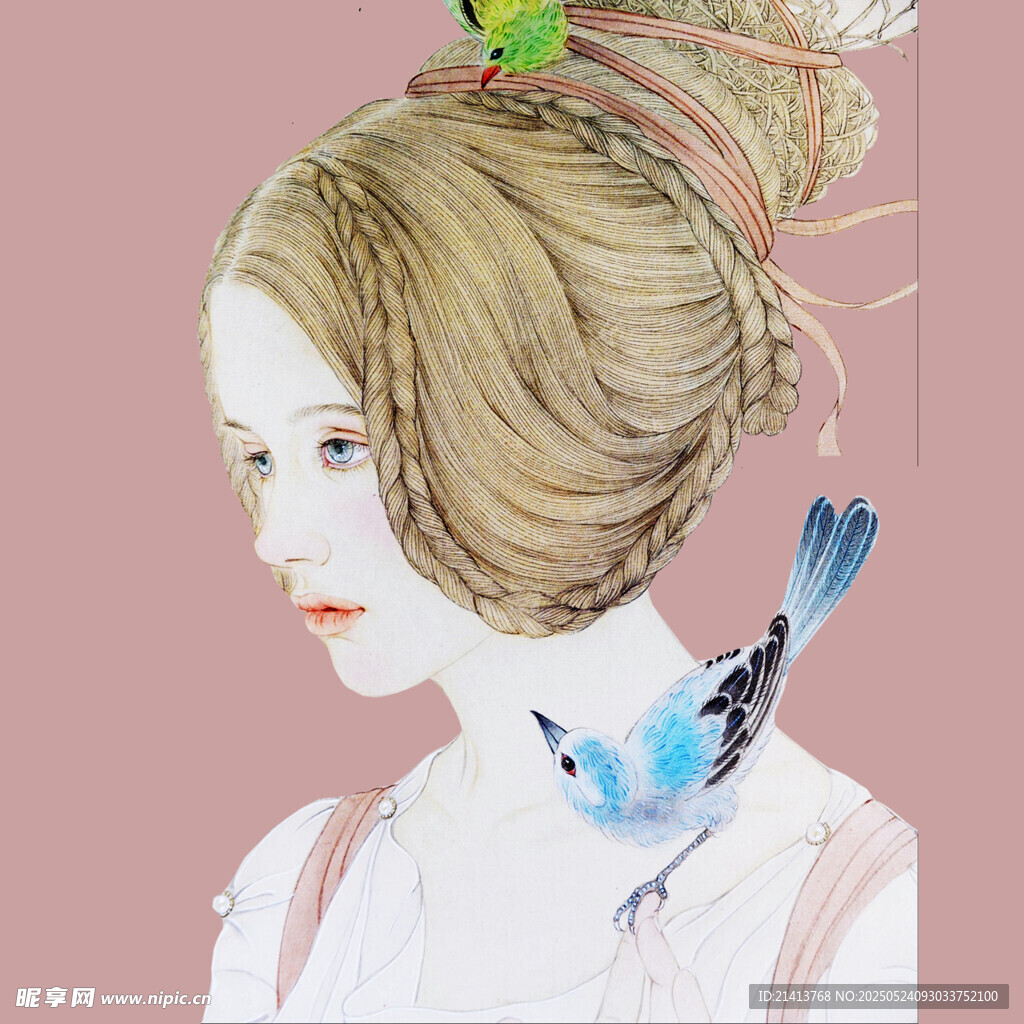 發髻上的小鳥與優雅女子