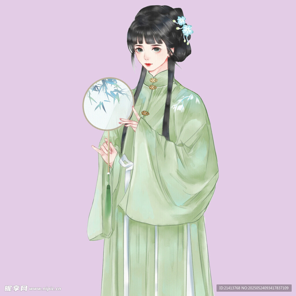 古風女子持扇著綠衣