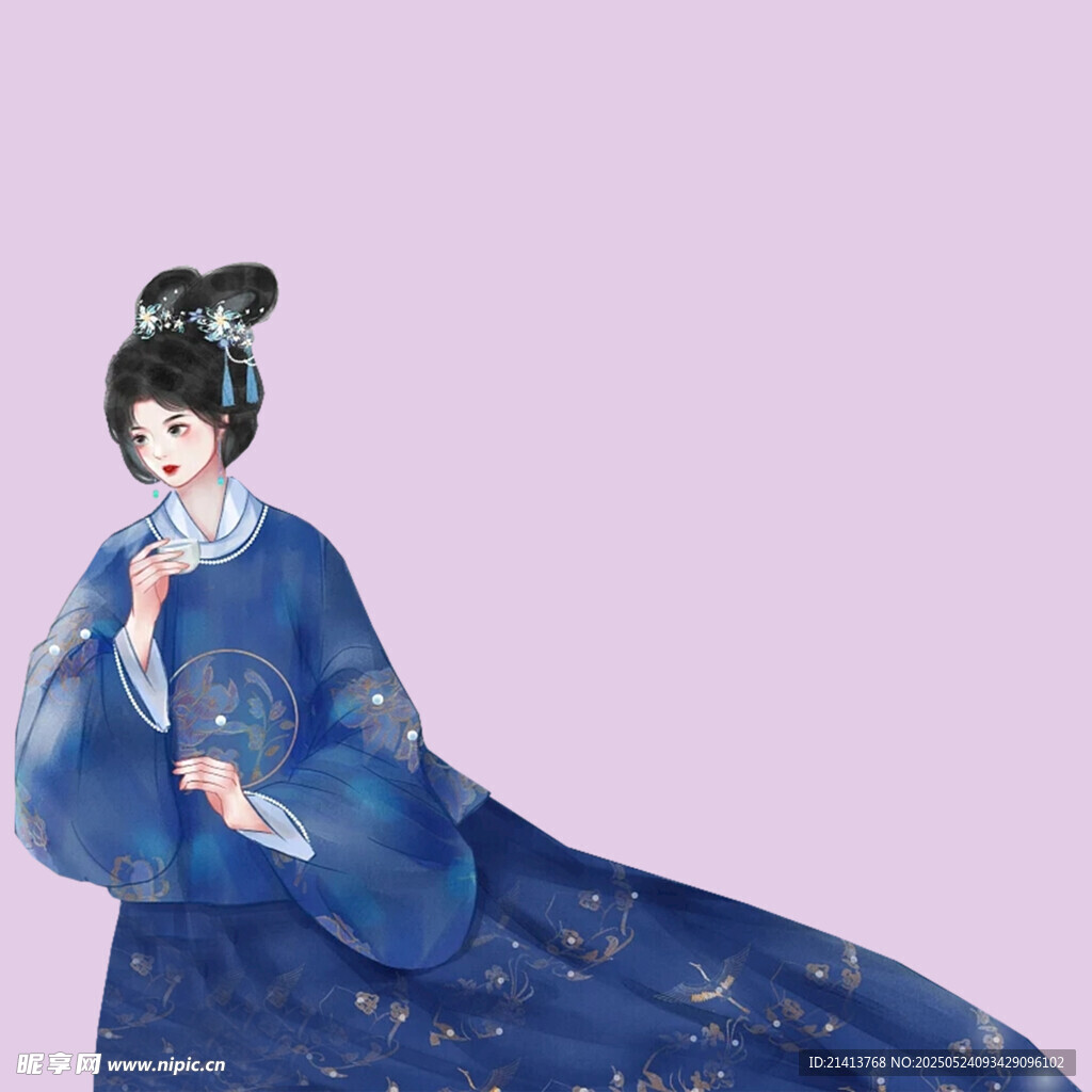 古風女子身著華麗藍色漢服