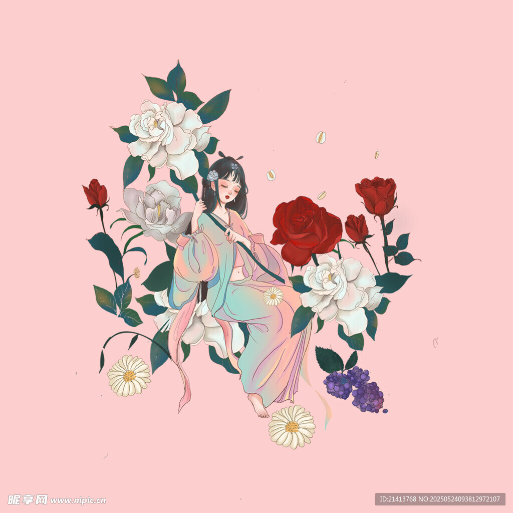 古風花卉仙女插畫