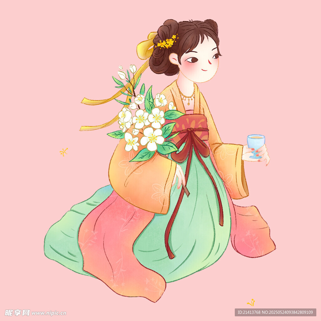 古風持花仕女圖