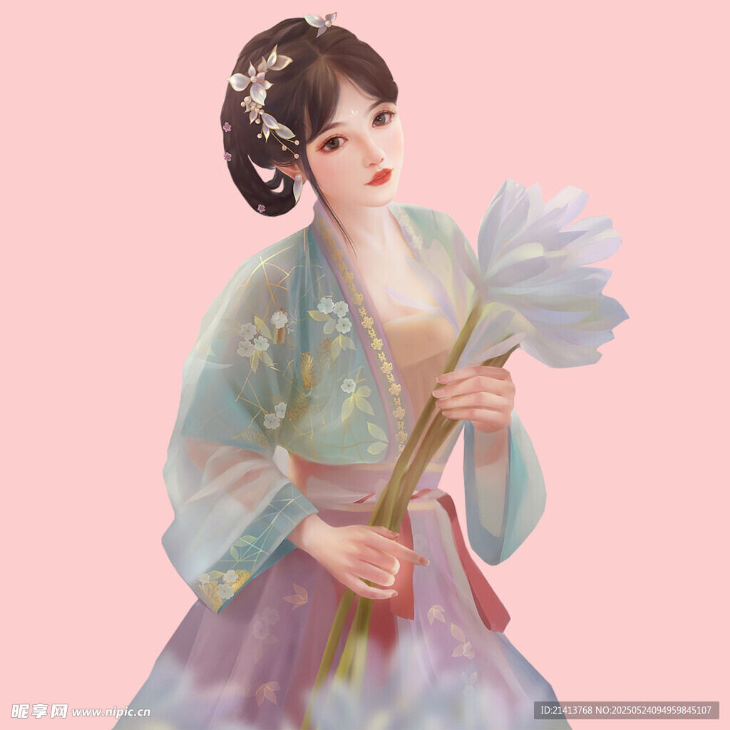 古風(fēng)女子手持蓮花賞景