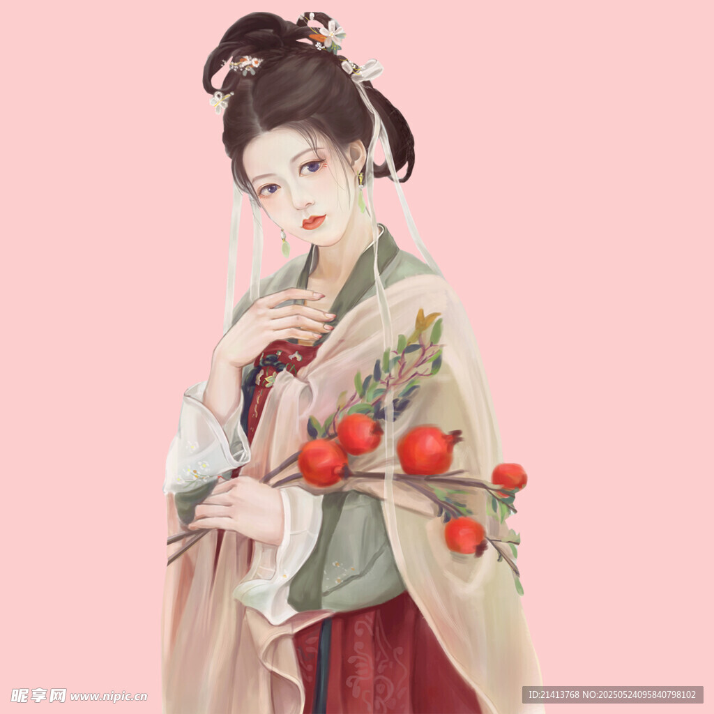 古風(fēng)女子手持紅果美如畫(huà)