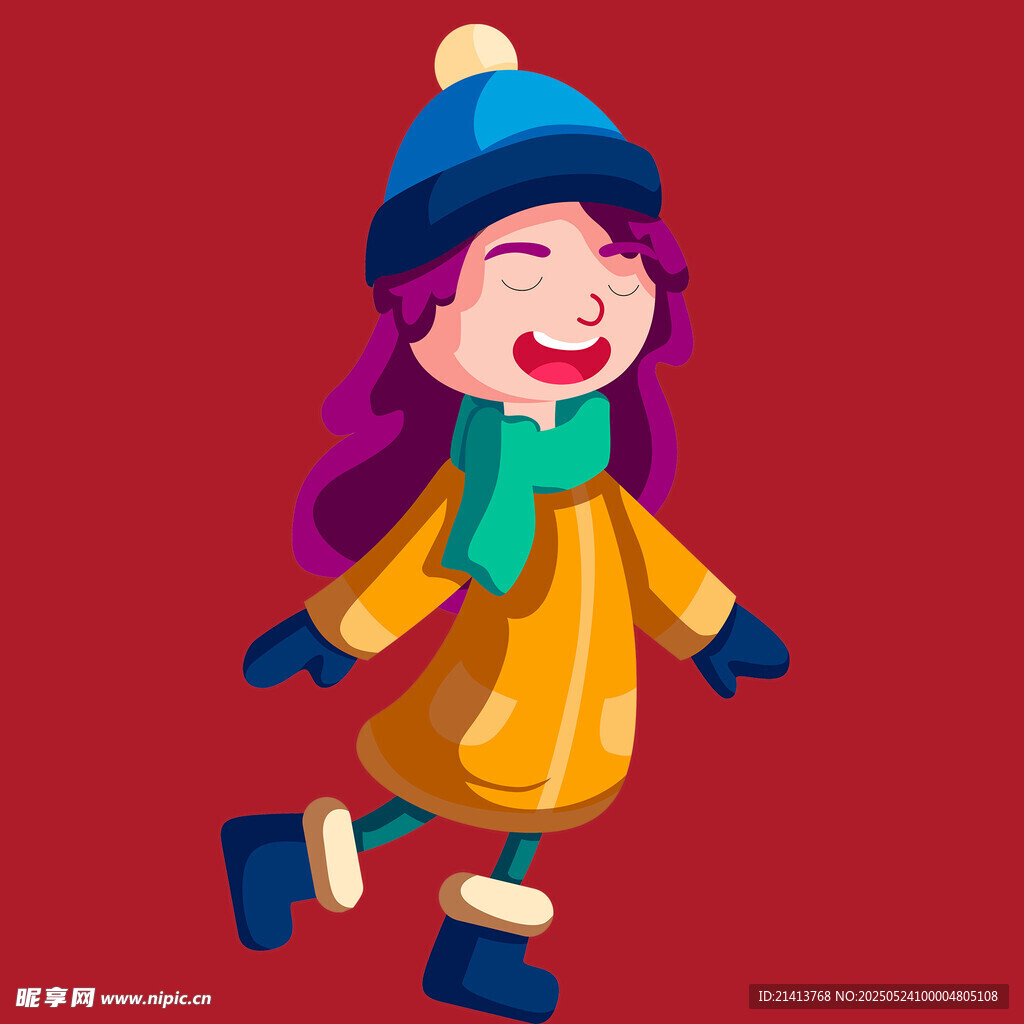 冬日歡快奔跑的可愛女孩