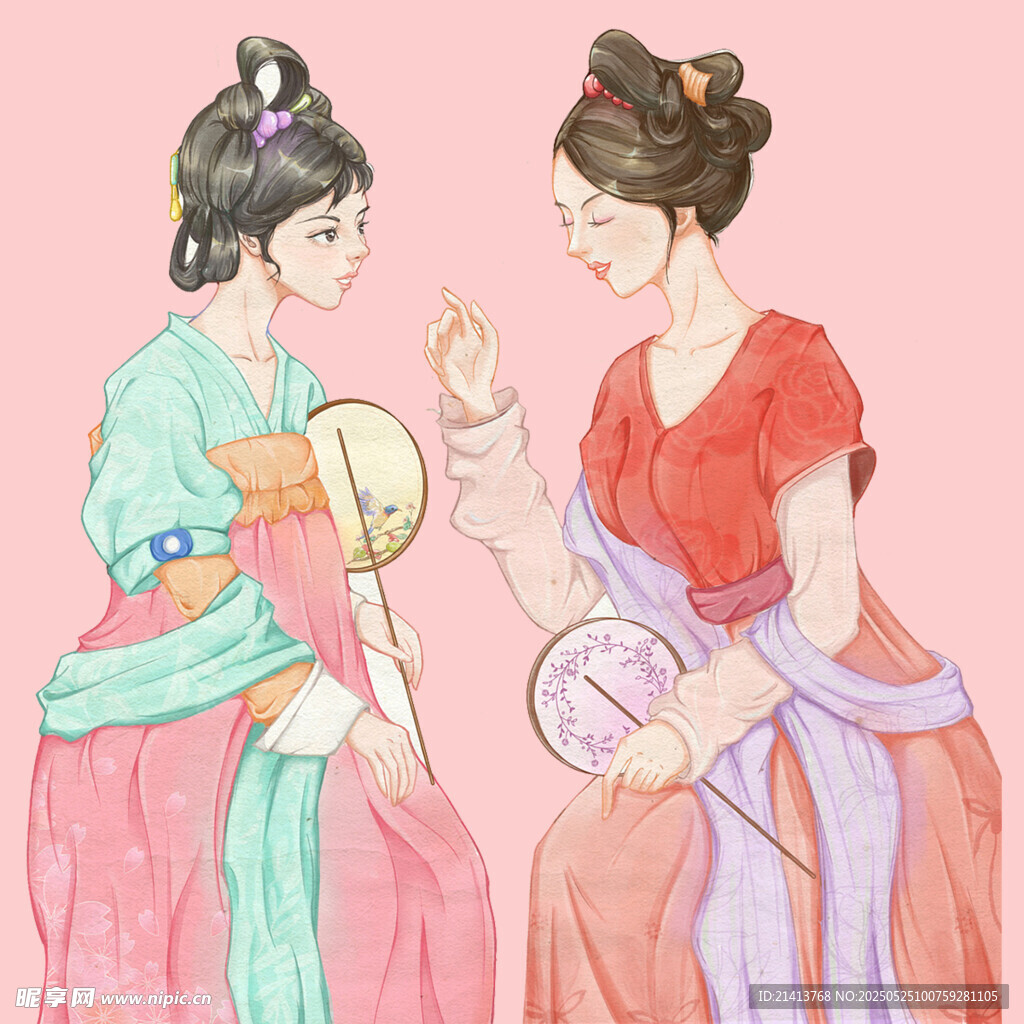 古風女子對談賞物圖