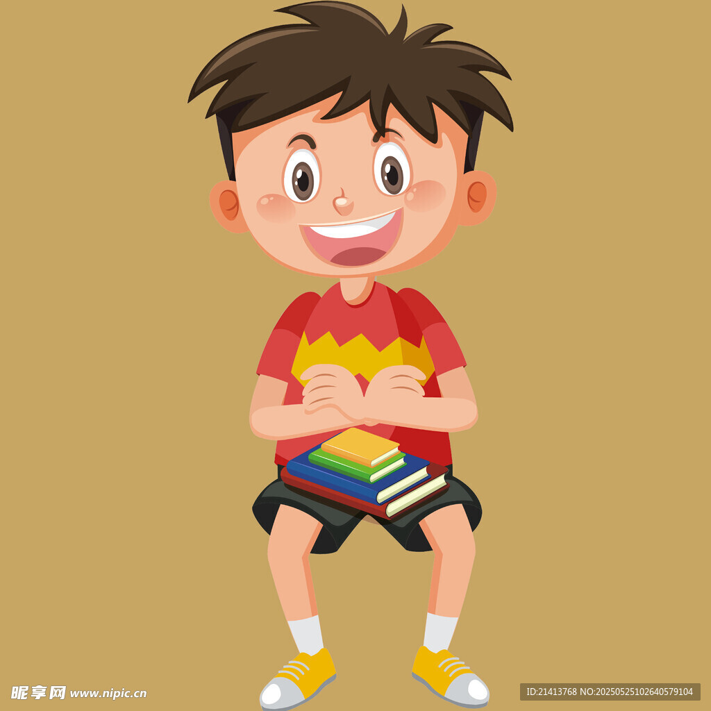 開心抱書的小男孩