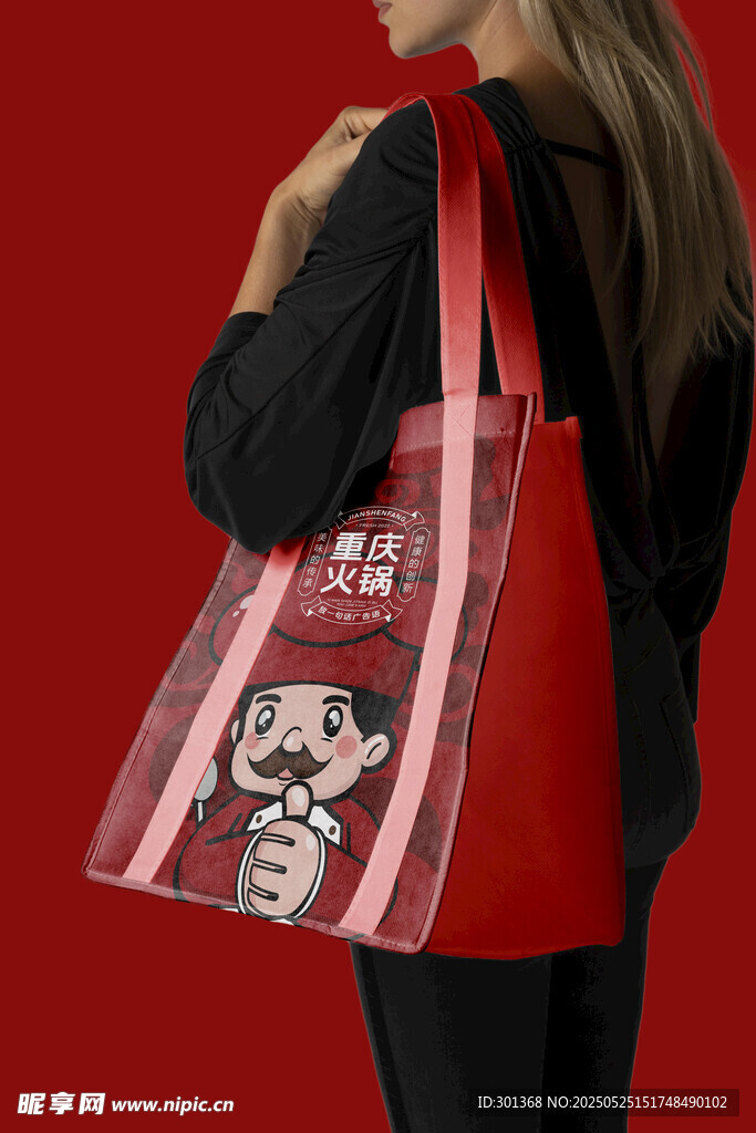 時尚紅色卡通圖案手提包樣機