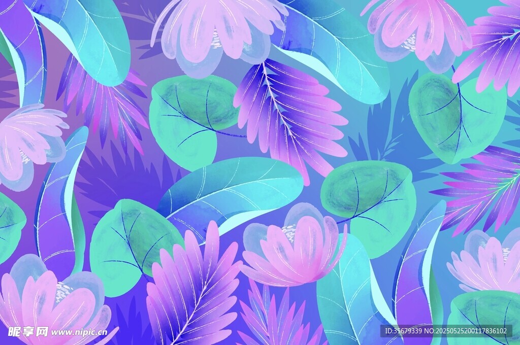 夢幻紫藍花卉綠葉圖案