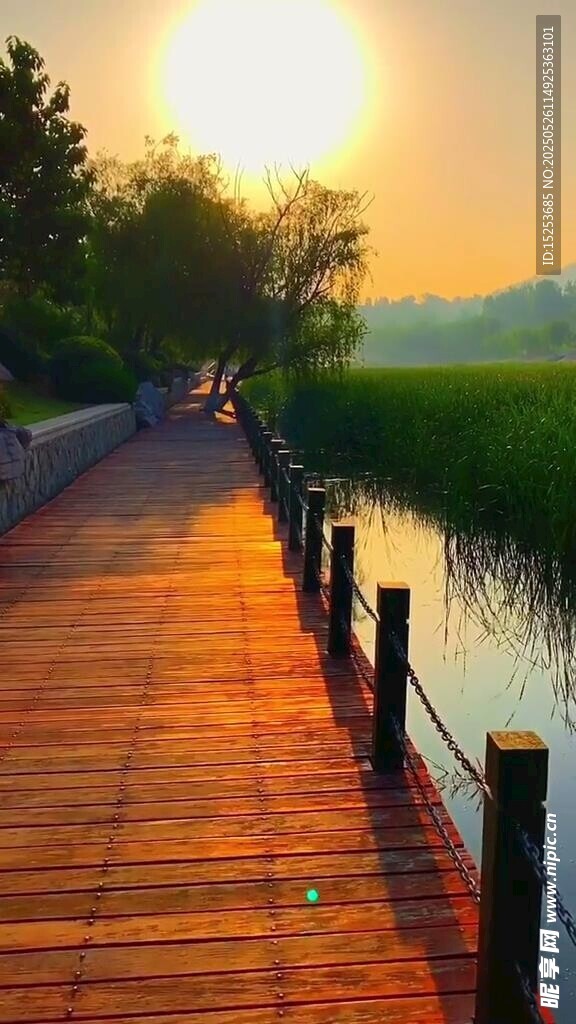 夕陽下的湖畔木質(zhì)棧道