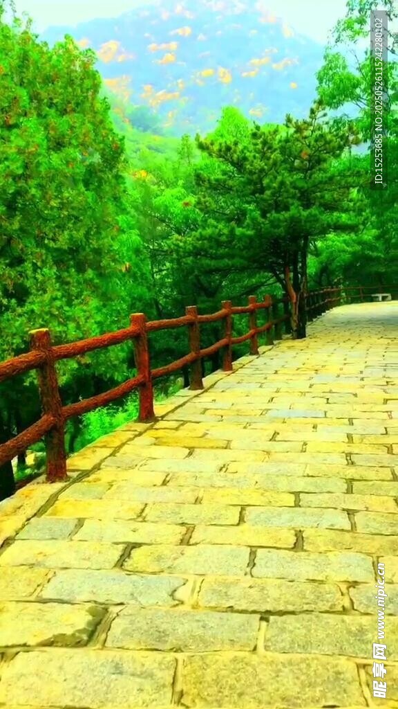 林間石板路 紅欄伴綠意