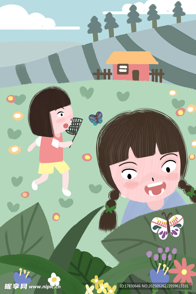 田園中玩耍的快樂小女孩