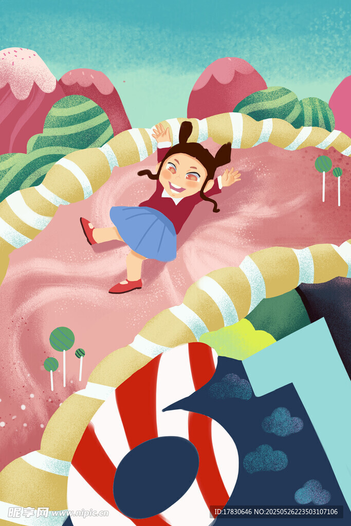 女孩愜意躺于夢幻游樂場景
