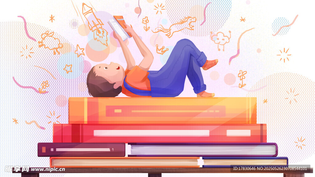 孩子躺書堆暢享音樂世界