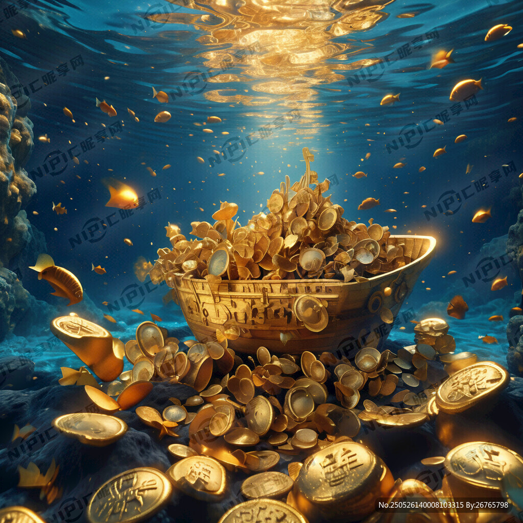 海底世界沉船金元寶黃金背景圖