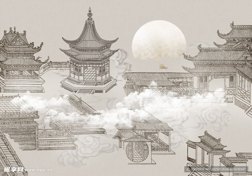 古風(fēng)月夜下的中式建筑群