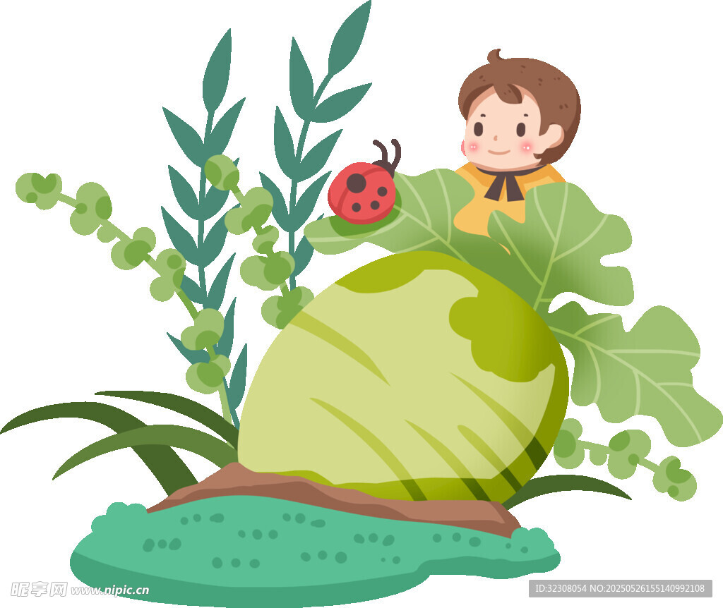 小孩與瓢蟲在大卷心菜旁