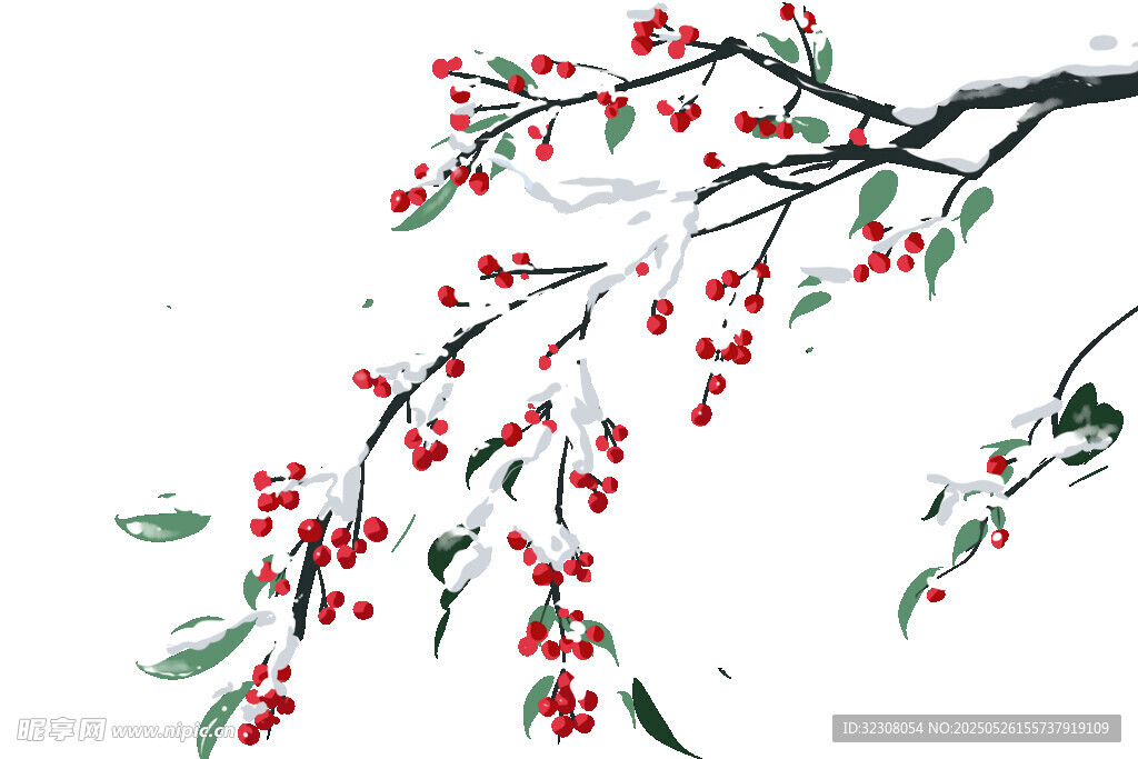 水墨紅果枝頭圖