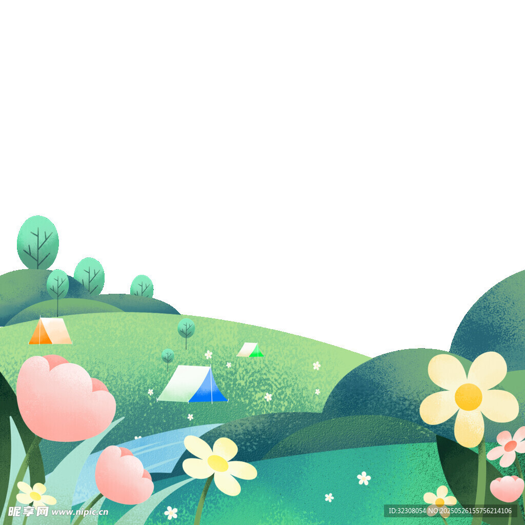 春日浪漫花草風景插畫