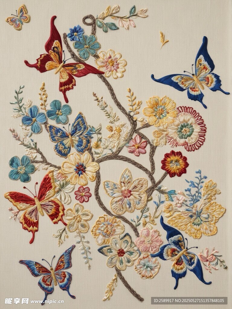 中式刺繡蝴蝶花卉圖案