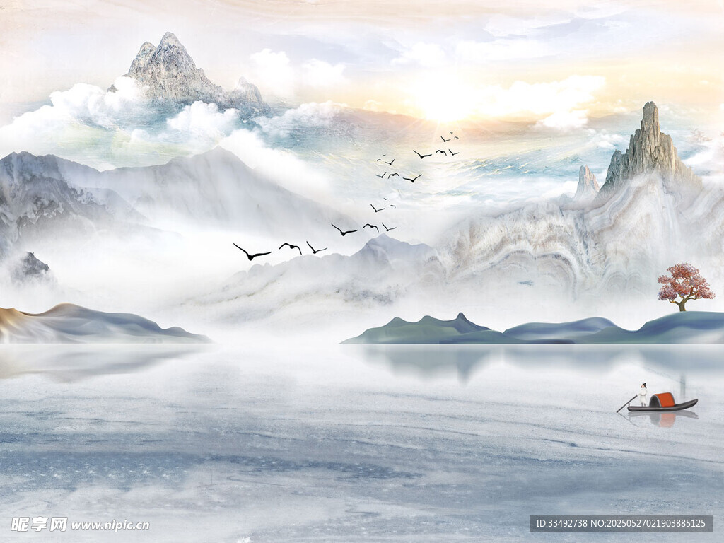 水墨山水間的孤舟美景