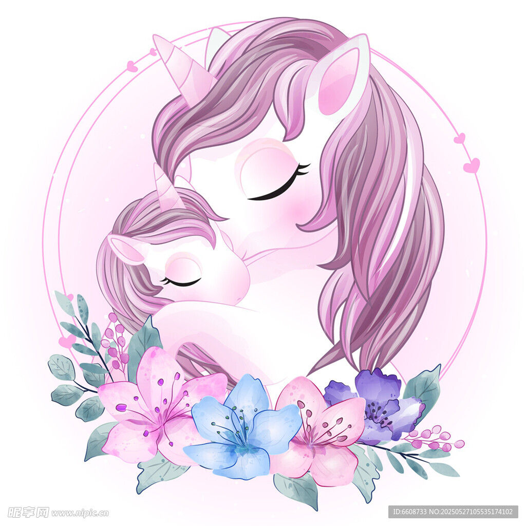 夢幻獨角獸與花朵相伴