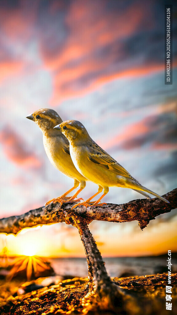 夕陽下雙鳥棲于枝頭