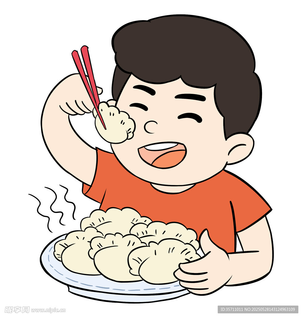 男孩開心吃熱氣騰騰餃子