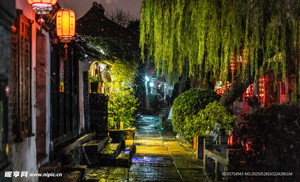古巷夜景垂柳紅燈相映