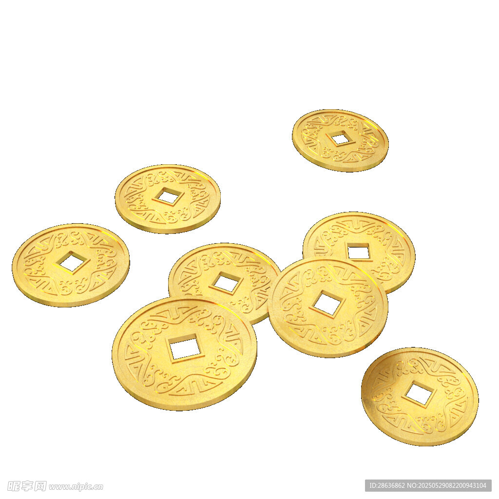 散落的古代金色方孔銅錢