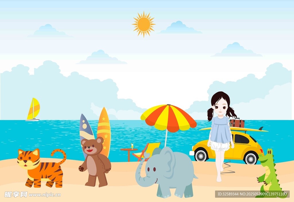海灘上的歡樂動物與女孩