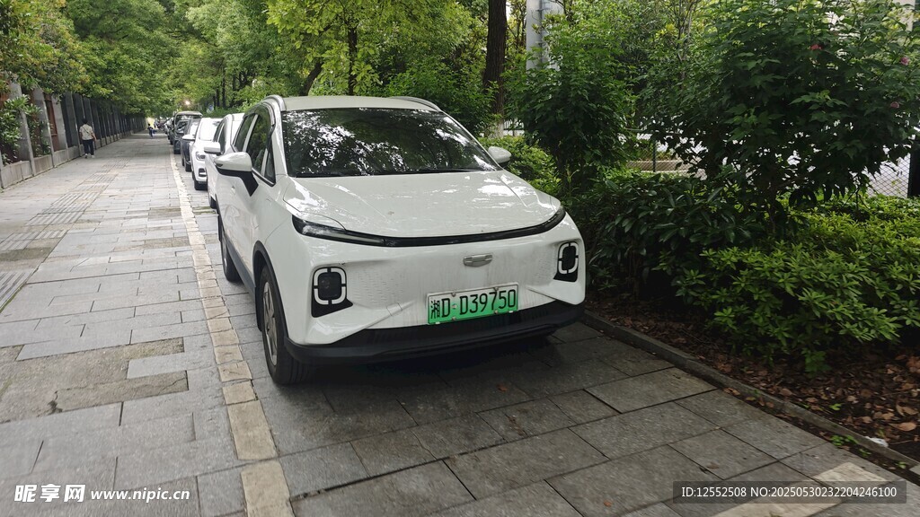 路邊停放的白色新能源汽車(chē)