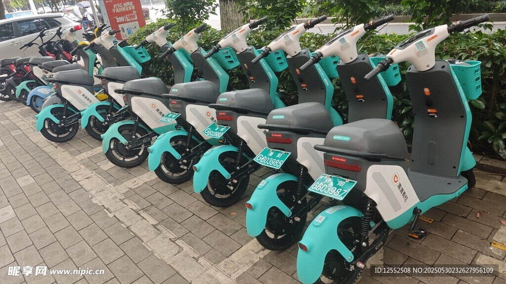 一排整齊的藍綠色電動車