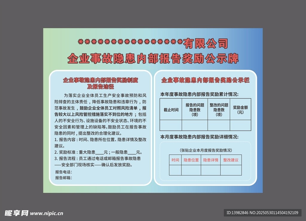 企業(yè)事故隱患內(nèi)部報(bào)告獎(jiǎng)勵(lì)公示牌