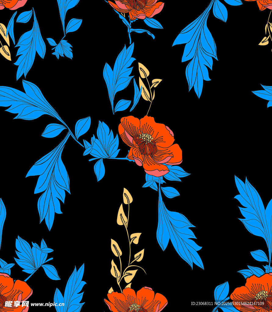 黑色底紅藍(lán)花卉圖案