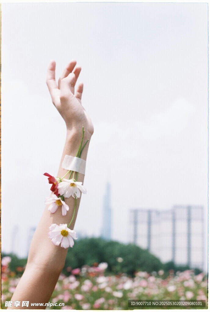 手戴花環伸向天空