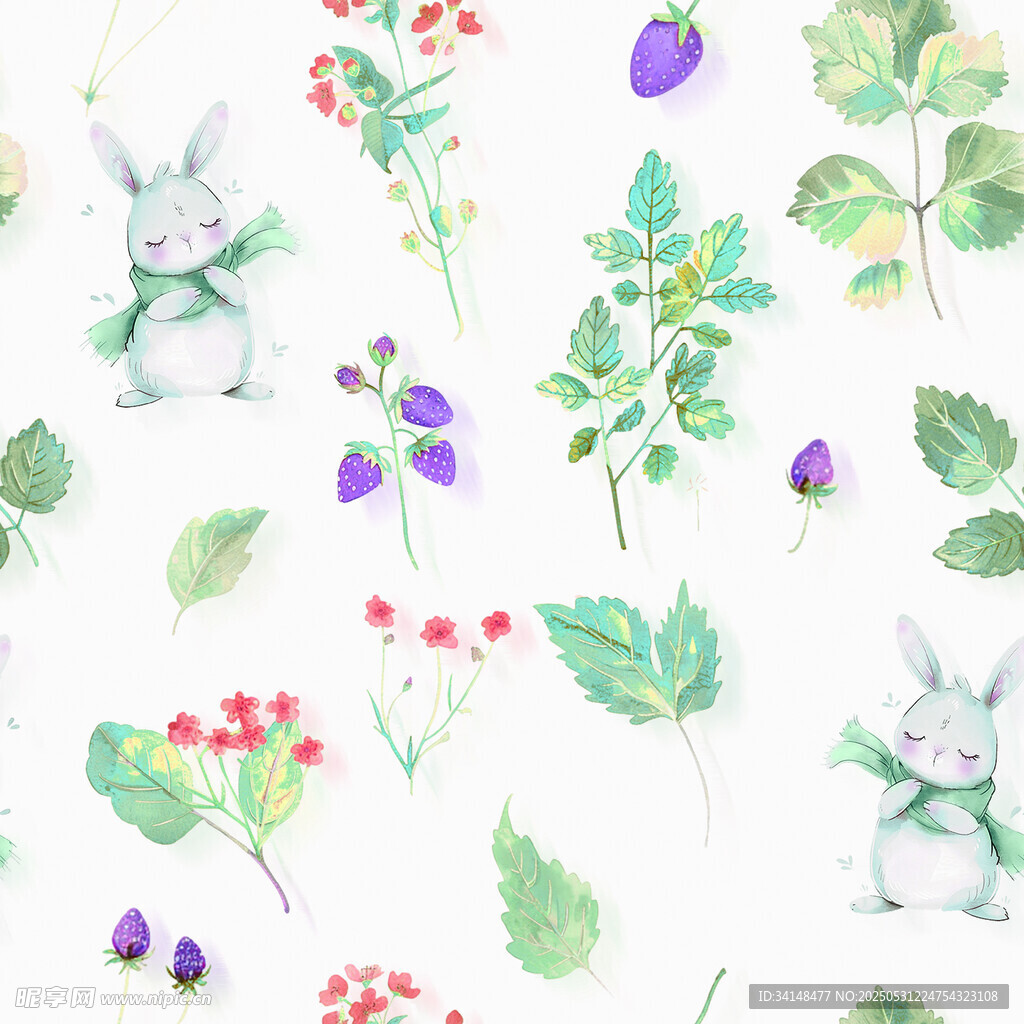 兔子與花草的清新圖案