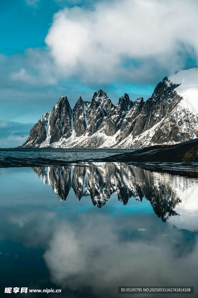 雪山倒映于平靜湖面美景