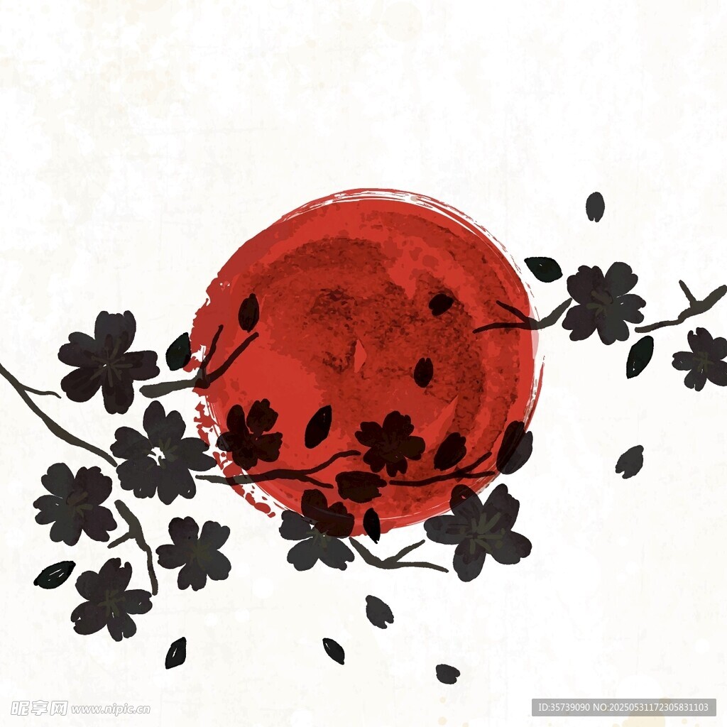 日式紅月櫻花裝飾圖案