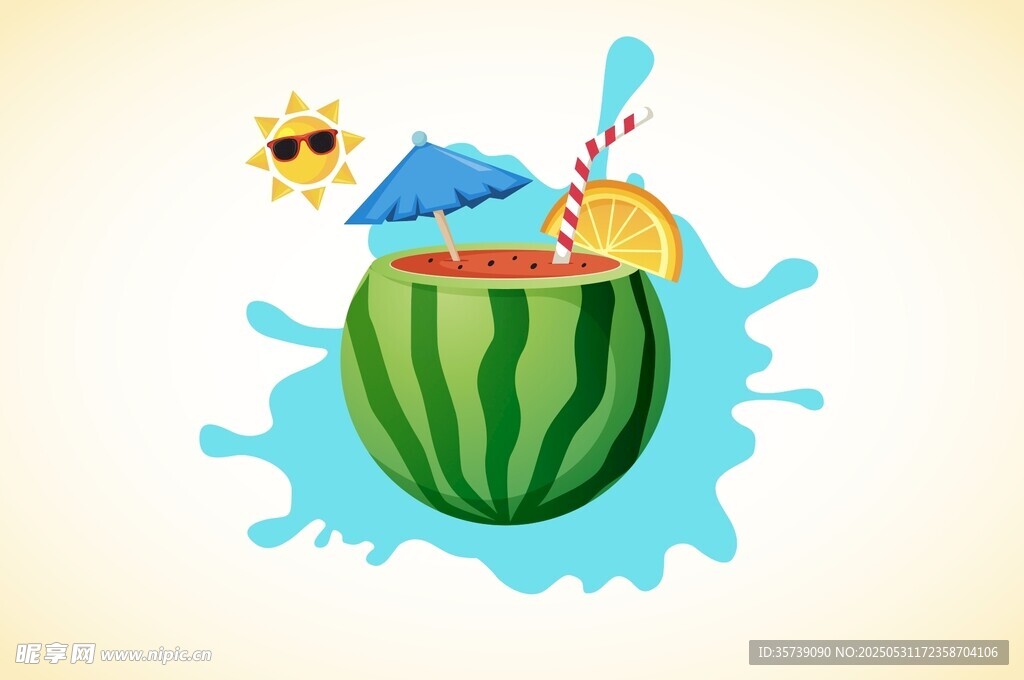 西瓜泳池夏日清涼插畫