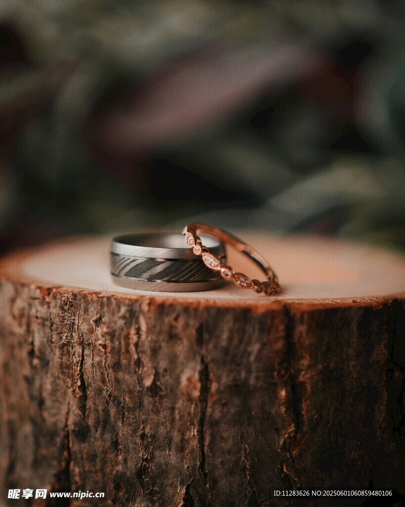 樹樁上的精美情侶婚戒