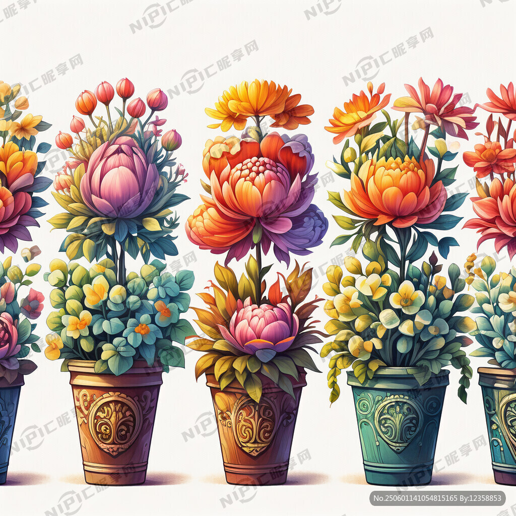 一排多彩盆栽花卉插畫