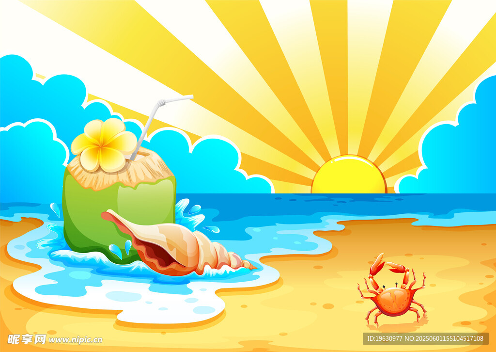 夏日海灘椰果螃蟹美景