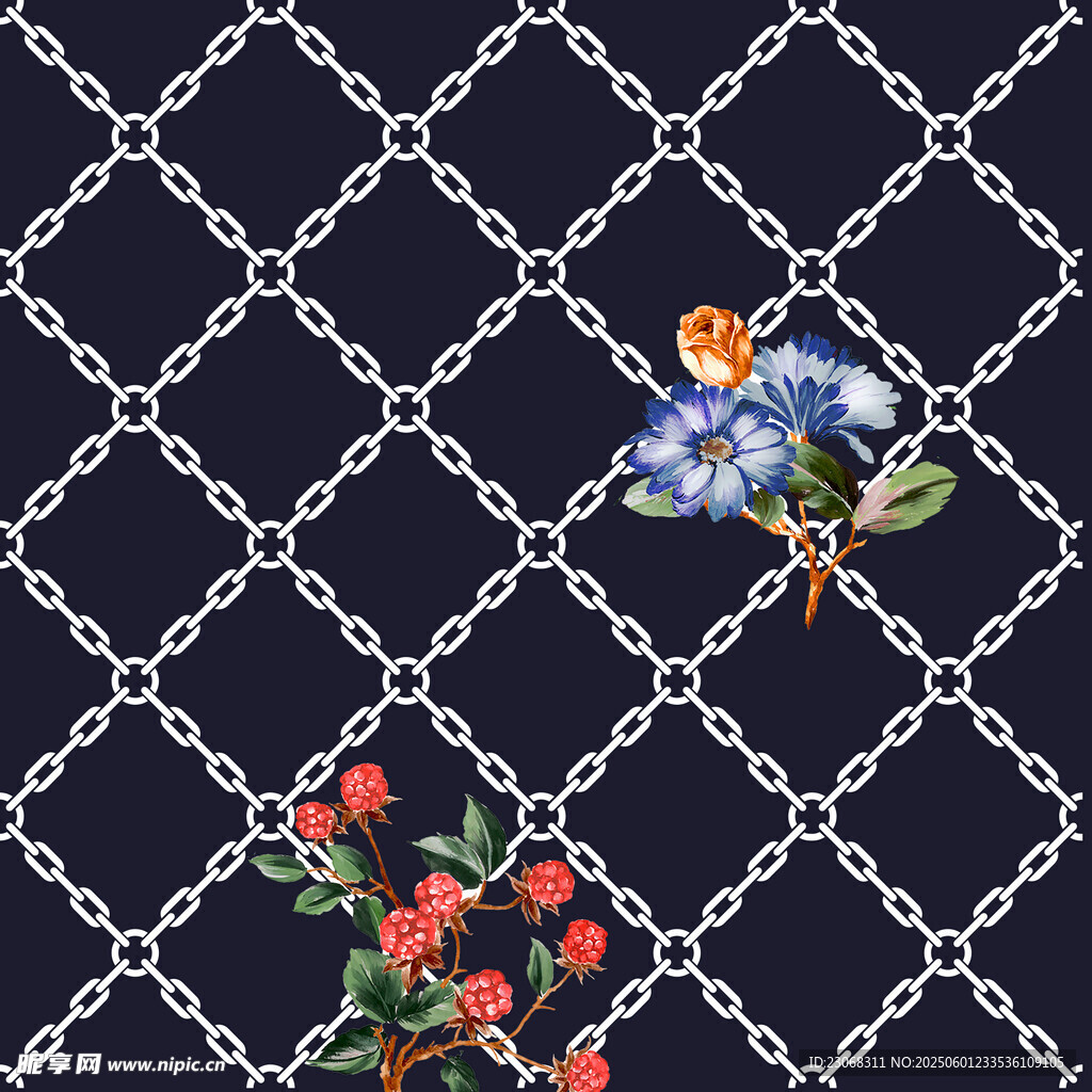 鏈條底紋上的花卉刺繡圖案