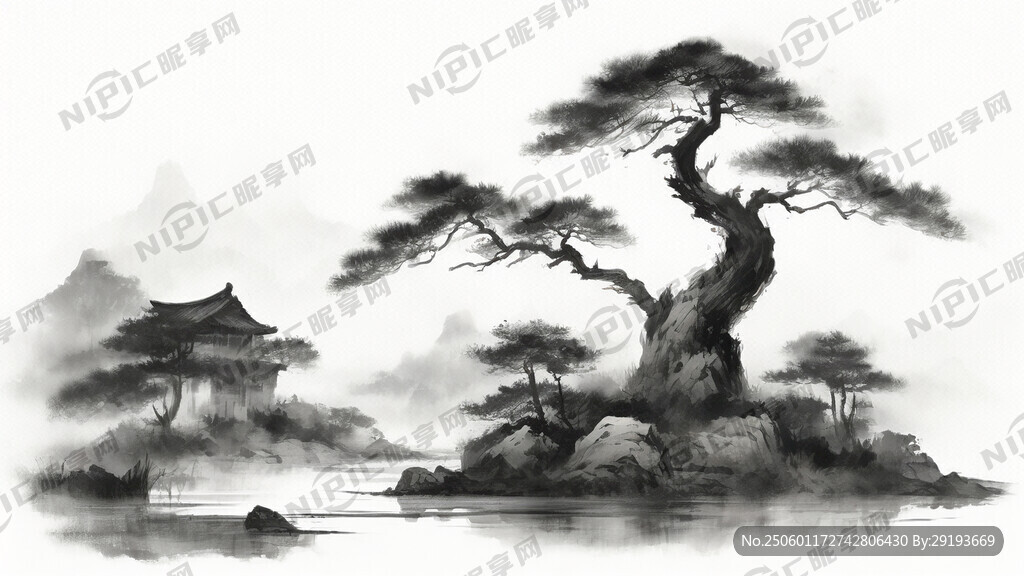 意境黑白山水畫 有古松樹 小溪
