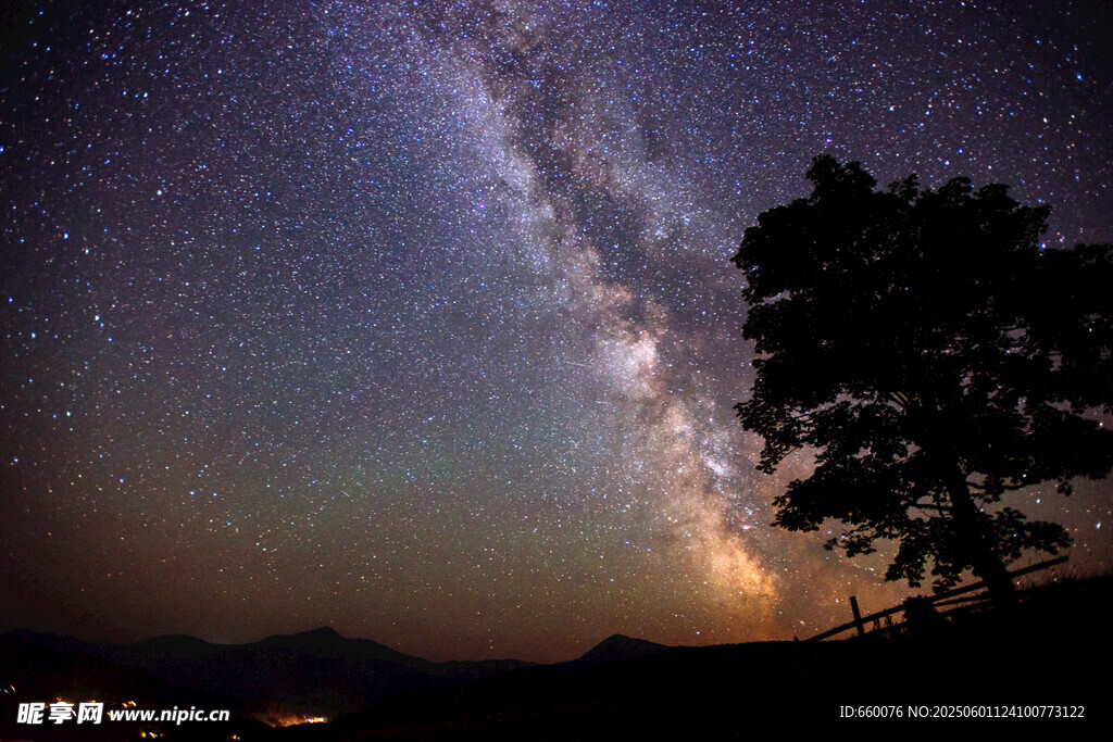 夜空下的璀璨星河與孤樹