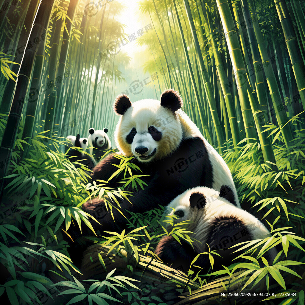 很多熊貓 森林 綠色竹子