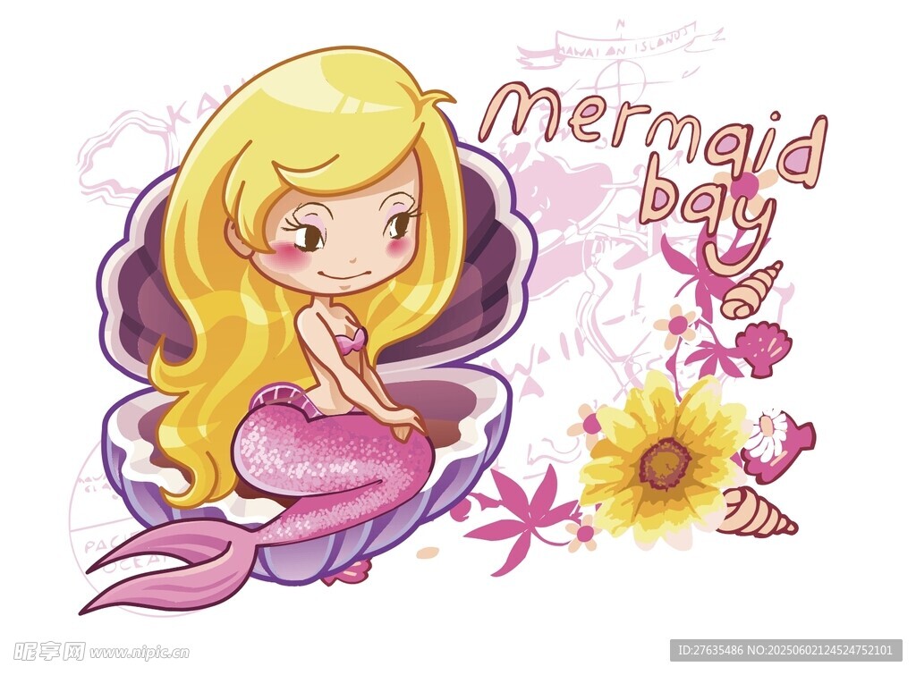 可愛金發小美人魚插畫
