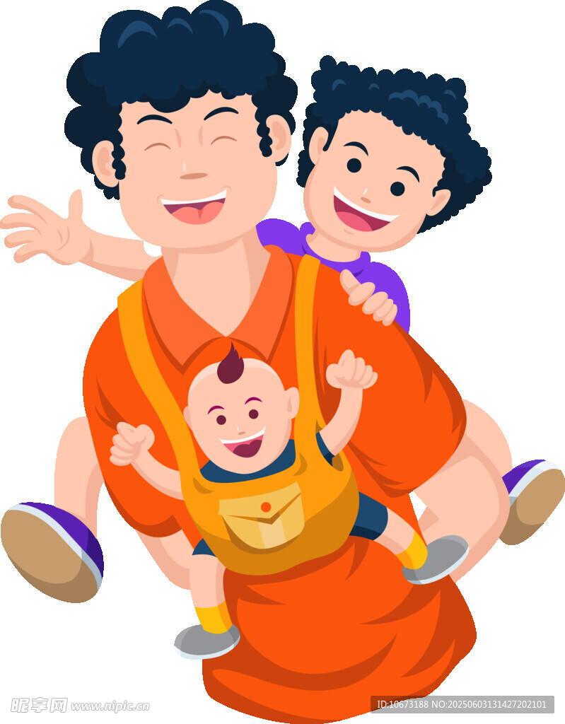 母親歡樂馱著兩孩子