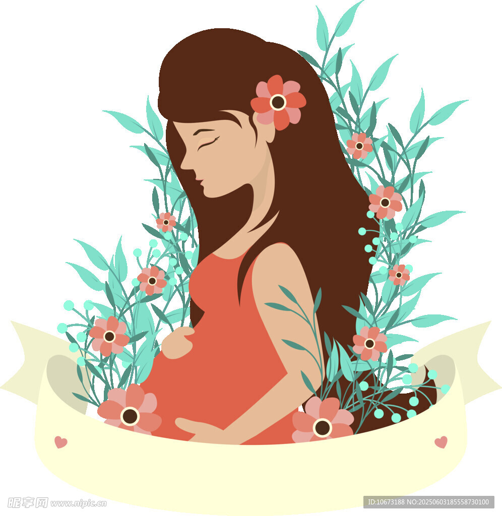 懷孕女性置身花草間插畫
