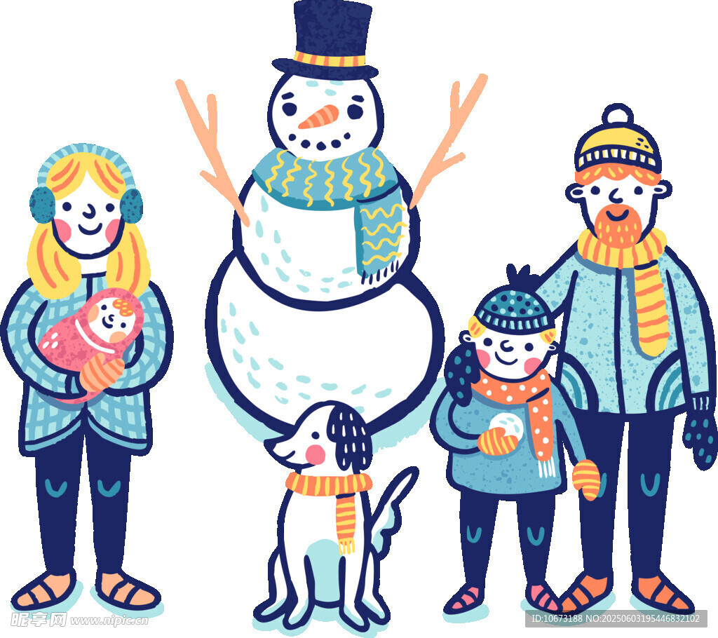 冬日家庭與雪人歡樂合影